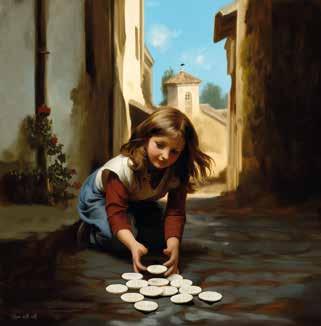 A young girl kneeling on a cobblestone street, gathering consecrated Hosts in her hands.