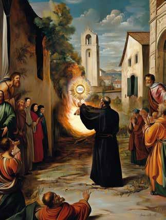 A Capuchin friar holds a monstrance, calming a fire, symbolizing divine intervention in the Dronero miracle of 1631.