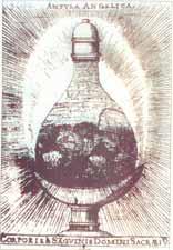 An illustration of a glass container holding dark, round objects, possibly representing a religious relic.