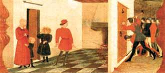 A historical scene depicting a group of people at a door, possibly related to a significant event.