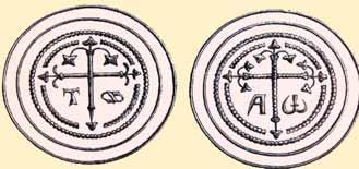 Two circular imprints featuring a cross and symbols, representing the Eucharistic Miracle of Turin.