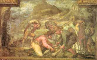 A group of people gathered around a scene, possibly depicting a historical or religious event.