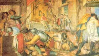 A historical scene depicting a group of people in a chaotic moment, possibly related to a miracle.
