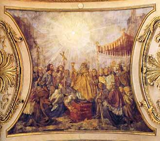A fresco depicting a religious scene with figures surrounding a central chalice and a radiant light.