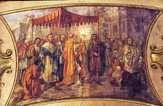A religious procession with clergy and people, showcasing the Eucharistic miracle.