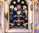 Antique painting on the tabernacle door, adorned with agate and lapis lazuli, showing the soldier's scorched hand imprint.
