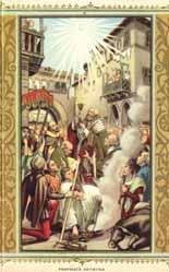A historical depiction of people witnessing a miraculous event involving the consecrated Host.