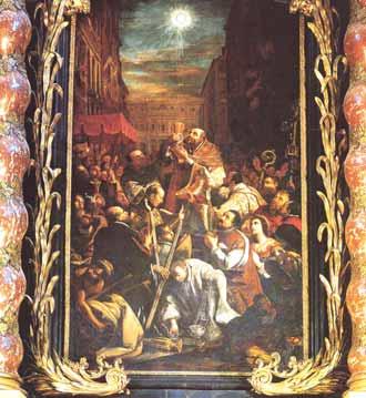 A painting depicting a crowd witnessing a miraculous event involving the Eucharist, with a radiant Host above.