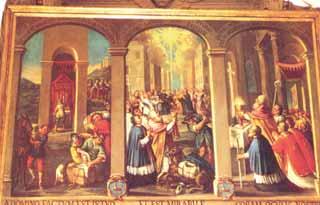 A painting depicting a religious scene with people gathered around a central figure in a church setting.