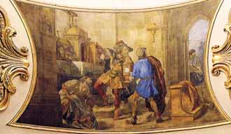 A fresco depicting a historical scene with figures in period clothing inside a church.