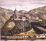 An illustration of the Capuchin Monastery of the Monte, surrounded by hills and trees.