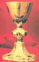 A golden chalice with intricate designs, used during the Eucharistic miracle in Veroli.