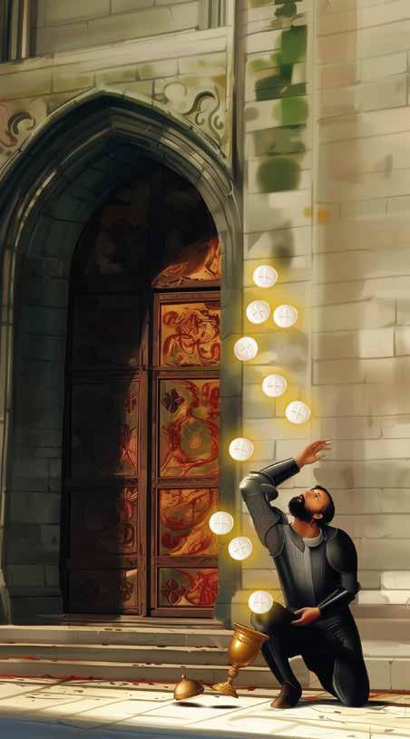 A soldier in armor reaching for floating consecrated Hosts near a church entrance.