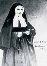 A historical image of Sister Maria Minghetti holding a rosary, dressed in religious attire.