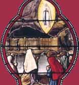 A stained glass depiction of people at a religious site, possibly Lourdes, with a prominent light above.
