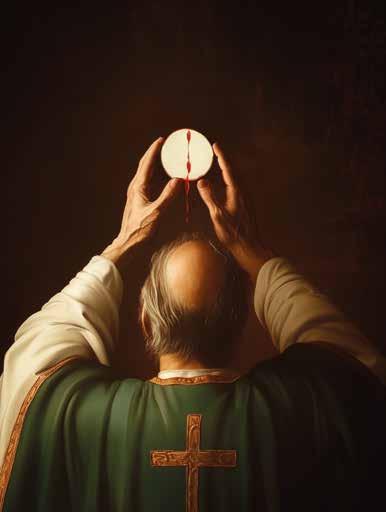 A priest holding a Eucharistic host with drops of blood, symbolizing a miracle.