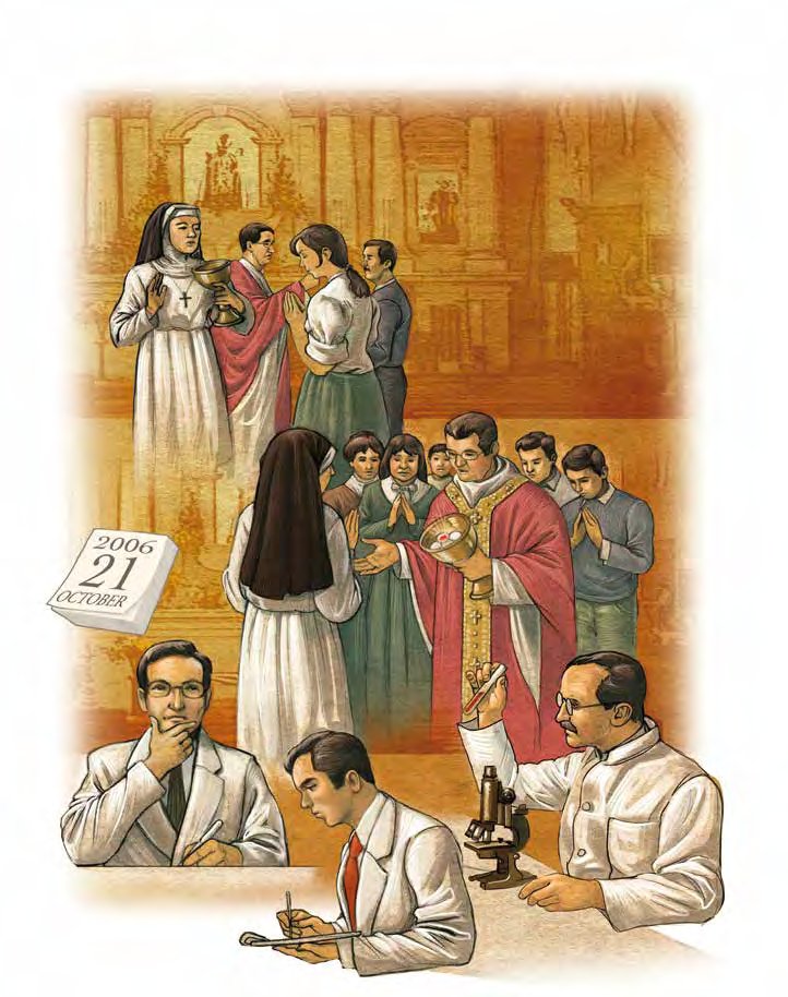 An illustration depicting a priest distributing Communion to parishioners, with scientists observing the event.