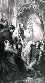 A depiction of the Eucharistic miracle with people witnessing the event in a church setting.