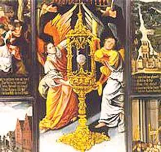 A golden monstrance held by two figures, symbolizing the Eucharist.