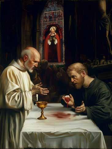 A priest and a monk at an altar, with a consecrated Host turning into bleeding Flesh.