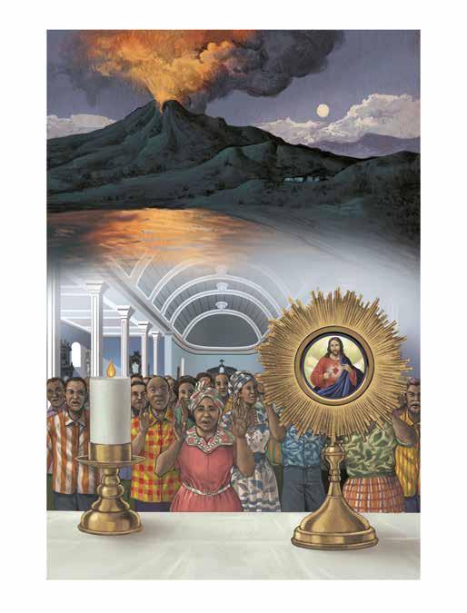 A volcanic eruption with people praying inside a church, featuring a monstrance and candle.