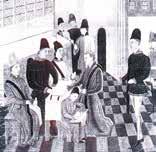 A black and white illustration showing people in period clothing inside a room with checkered flooring.