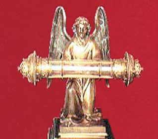 Golden reliquary with an angel holding a container, preserving Christ's Blood, brought to Neuvy-Saint-Sépulcre in 1257.