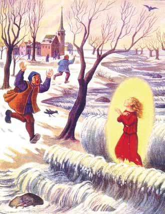 An illustration showing Saint Germaine walking through parted waters, with figures in the background.