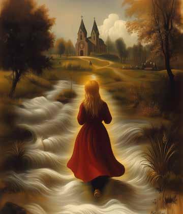 Saint Germaine Cousin, in a red dress, walks through a miraculously parted stream towards a church, symbolizing her faith and holiness.