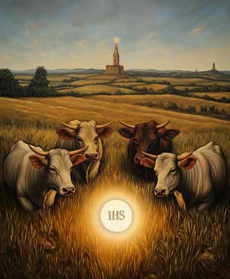 A painting of four oxen in a field with a glowing host marked 'IHS' on the ground.