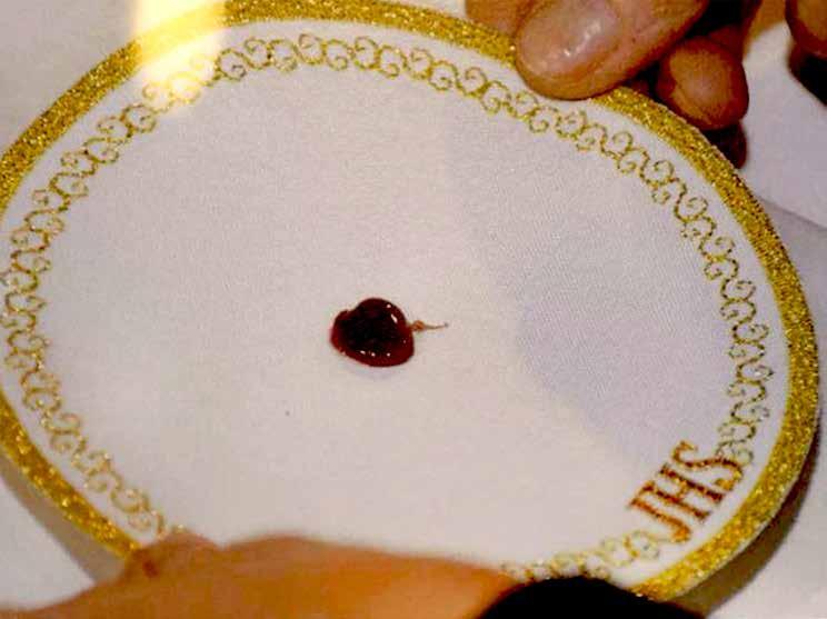 An image showing a stained Host on a plate with decorative edges.