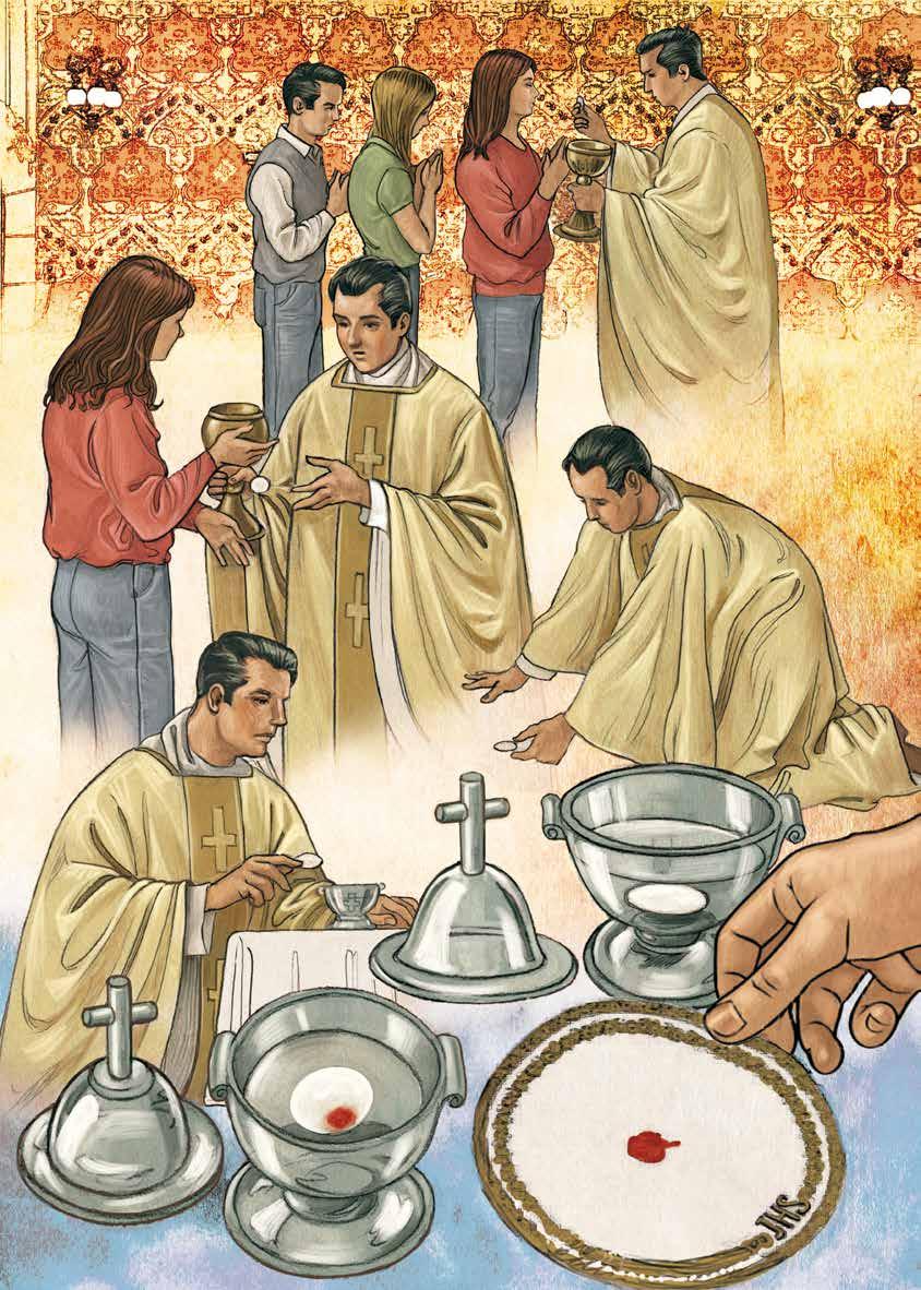 Illustration of a priest distributing Communion and handling the Host with a red spot.