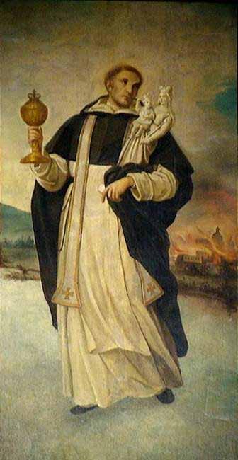 A painting of St. Hyacinth holding a monstrance and a statue of the Virgin Mary.
