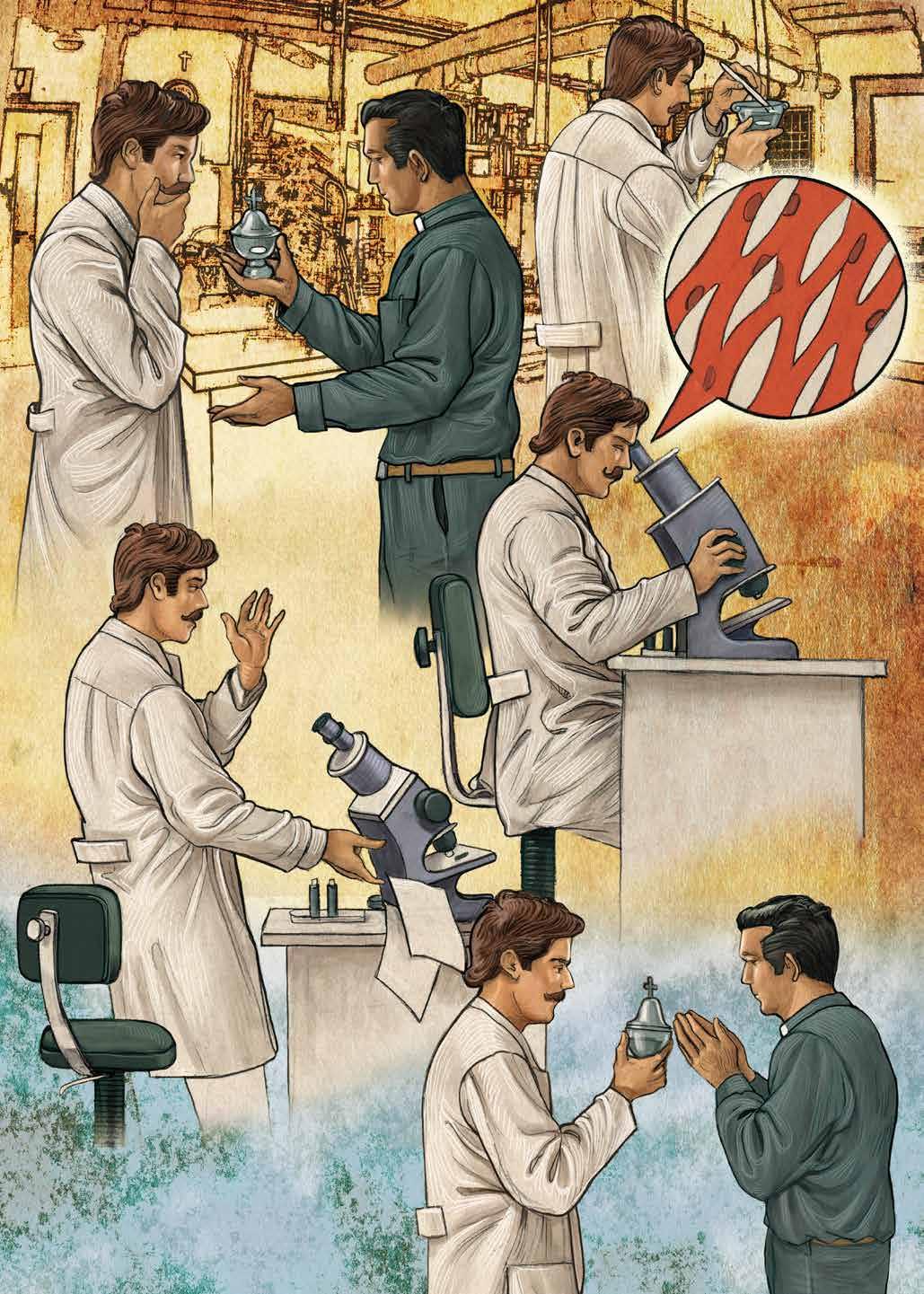 Illustration of scientists examining a sample related to the Eucharistic miracle.