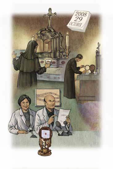 Illustration depicting the Eucharistic miracle event with figures and a monstrance.