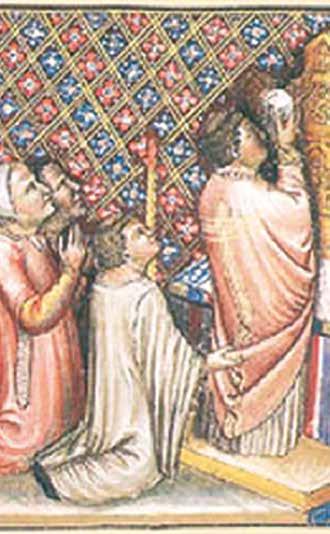 A medieval illustration showing a priest and others kneeling in prayer before an altar.