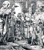 Saint Bernard presenting the Blessed Sacrament to the Duke, surrounded by onlookers.