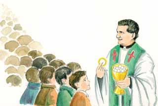 A priest holds a chalice and hosts while children eagerly await communion.