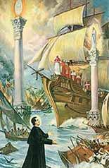 A scene depicting Saint John Bosco praying as a ship battles against stormy seas.