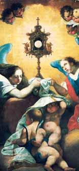 An artistic depiction of angels and cherubs surrounding a monstrance with the Eucharist.