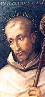 A portrait of Saint Bernard, depicted with a staff and a halo, showing a solemn expression.