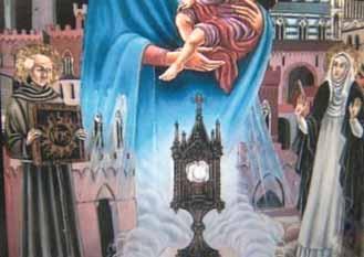 A painting showing religious figures and a monstrance, with a cityscape in the background.