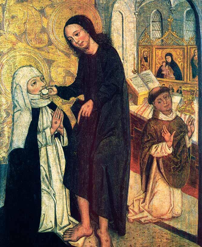A religious painting depicting Jesus giving communion to St. Catherine of Siena, with another figure kneeling nearby.