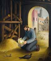A man kneeling in a barn, holding a box with consecrated Hosts, with a city in the background.