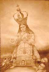 A drawing of the miraculous statue of the Child Jesus, adorned with a crown and religious symbols.