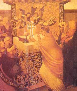A priest kneeling before an altar with angels above, holding a cross, surrounded by people.