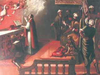 A priest at an altar with onlookers, including figures in robes and turbans, witnessing a miraculous event.