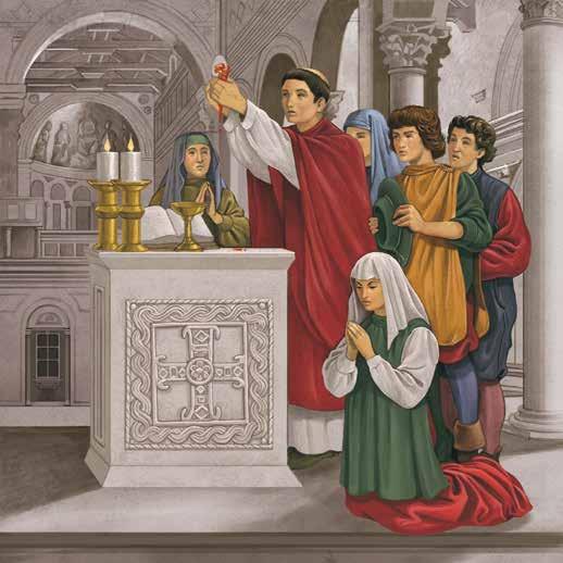 A priest holds up the Eucharist during Mass, surrounded by worshippers in a church setting.