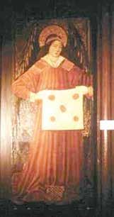 A figure holding a cloth with red dots, representing a religious scene.
