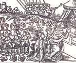 An illustration showing a religious scene with figures and a tent, depicting a miracle event.